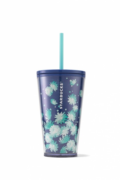 Starbucks Tumbler Cold Cup Stainless Steel Europe Floral Blue-White 16oz NEW
